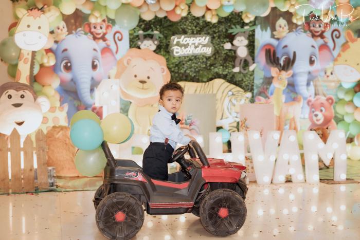 Boy sitting in a toy jeep in front of an animal-theme Happy Birthday backdrop, by PickYouPic Prayagraj