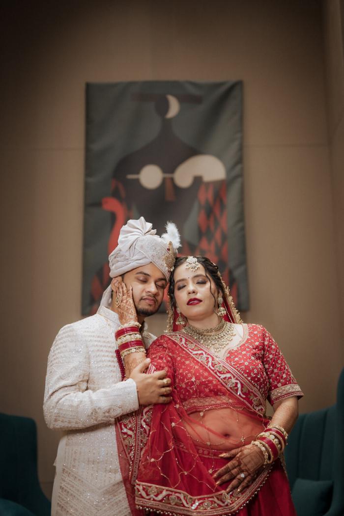 Bride and groom seated together on their wedding day, Prayagraj