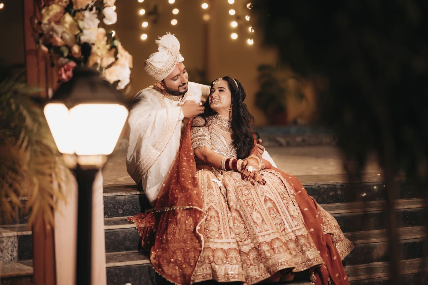 Bride and groom under fairy lights — a PickYouPic wedding frame