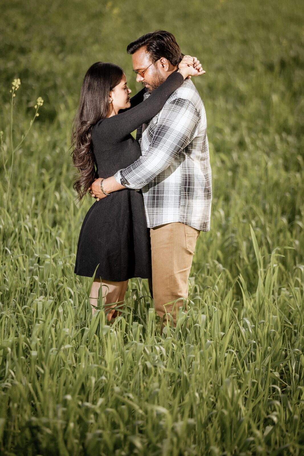 Couple embracing in a green wheat field near Dharkundi