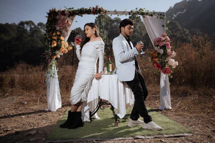 Decorated floral arch set up outdoors for a pre-wedding shoot near Nainital