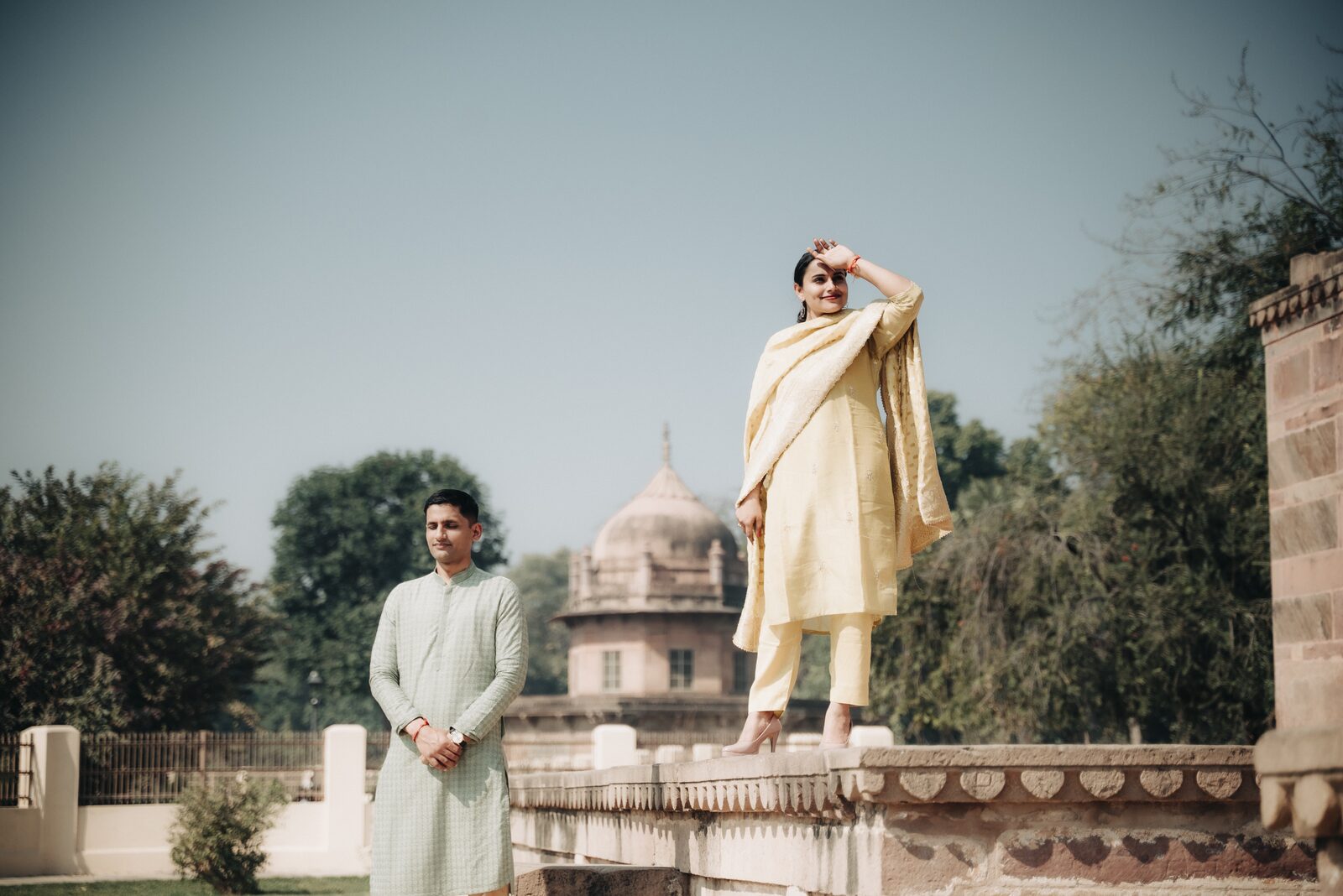 Pre-wedding couple portrait at a heritage monument, shot by PickYouPic Prayagraj