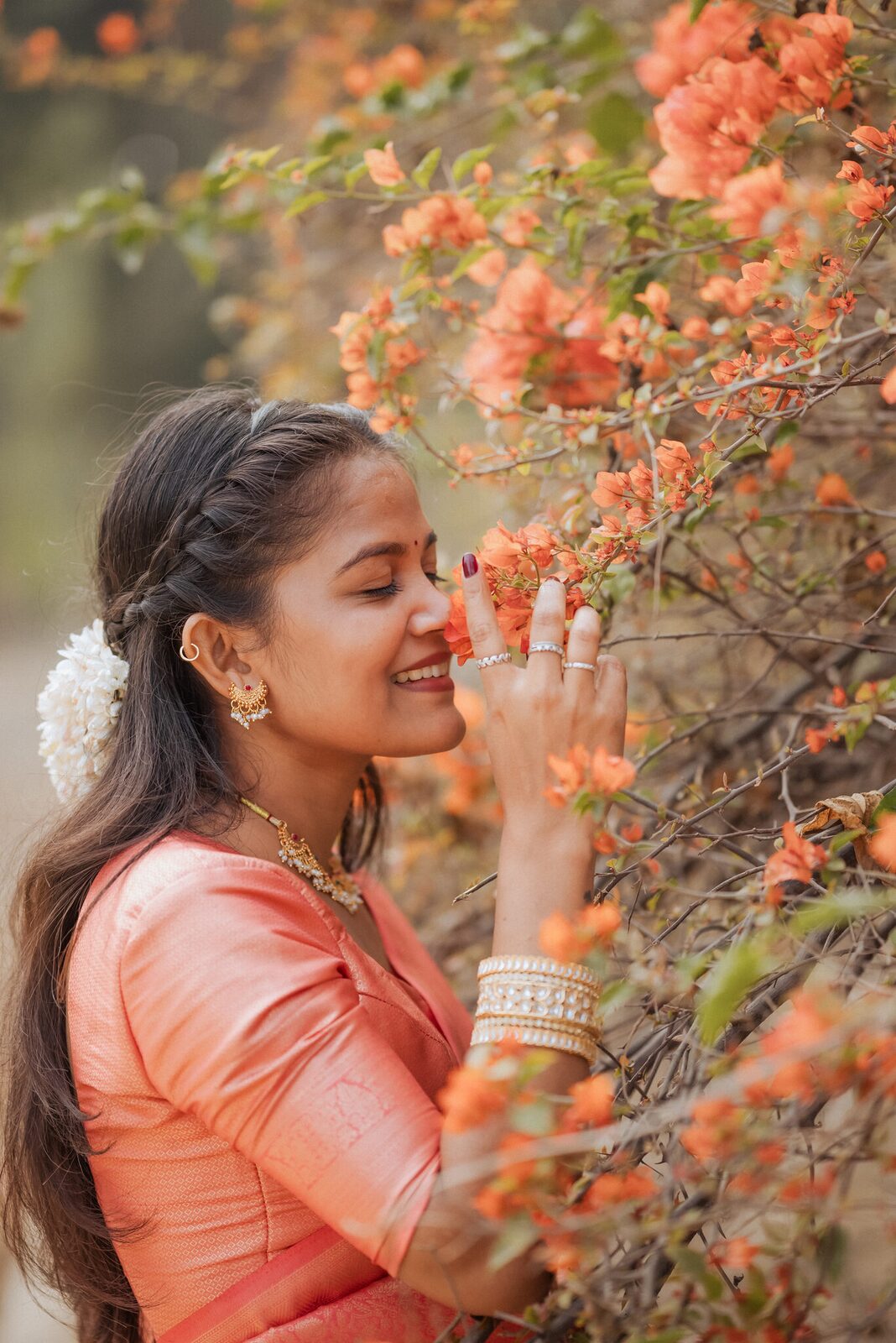 Bride-to-be among bougainvillea at Ram Bagiya, Prayagraj pre-wedding shoot
